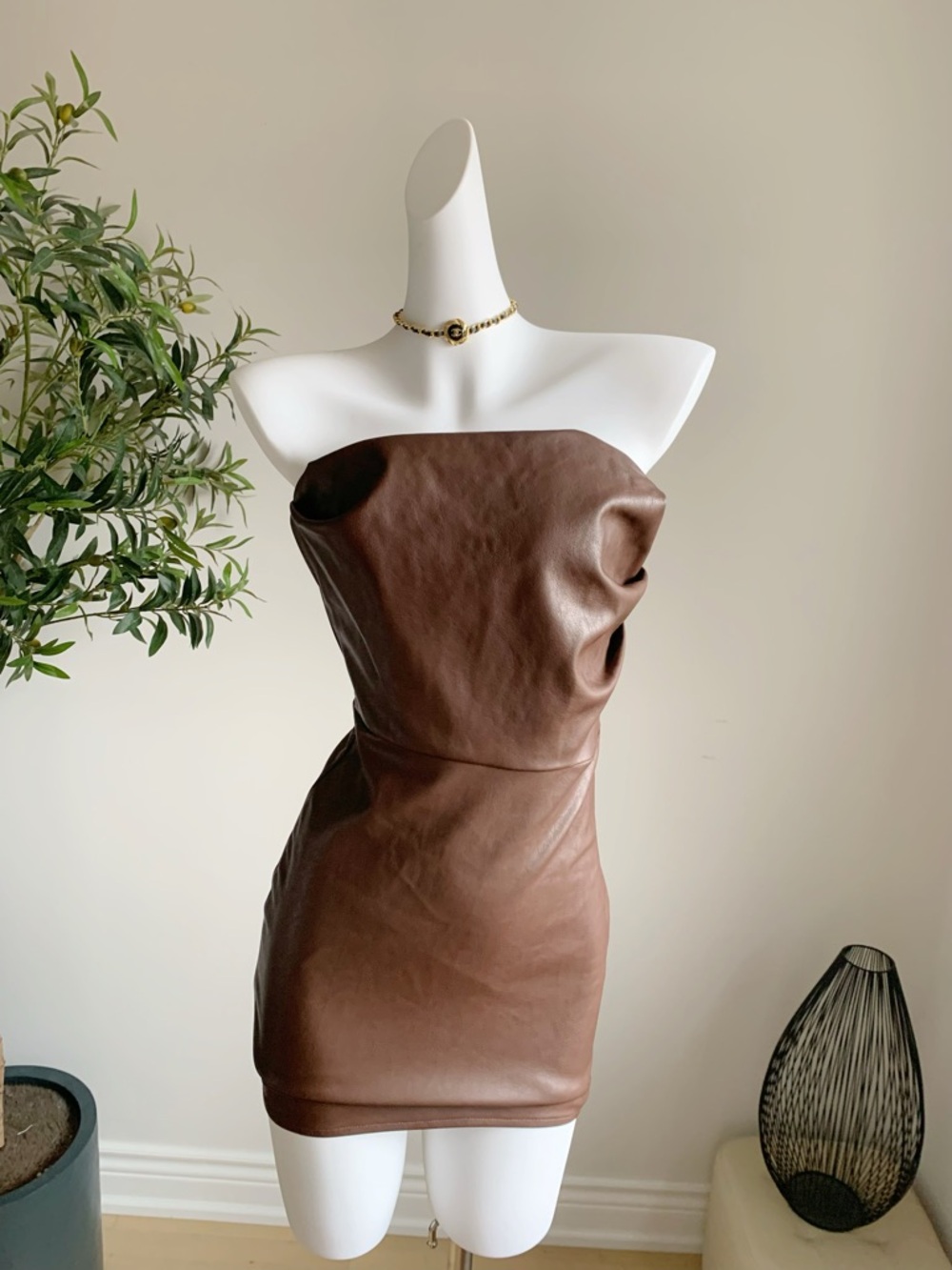 Brown Faux Leather Strapless Bodycon Mini Dress Corset Boned NWT S